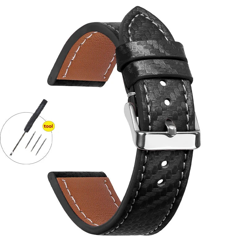Carbon Fiber Texture Leather Strap for Seiko Cowhide Leather Watchband Soft Men Watch Accessories Wrist Belt 18mm 20mm 22mm 24mm