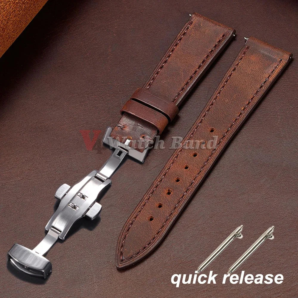 Vintage Brown Watch Band Butterfly Buckle Stitching Cowhide Strap for Omega 18/19mm 20/21mm 22/24mm for Wrist Bracelet for Seiko