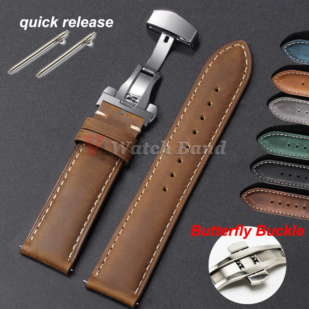 18/20/22mm Quick Release Genuine Leather Watch Strap for Rolex for Citizen Universal Bracelet for Omega Bands Butterfly Buckle