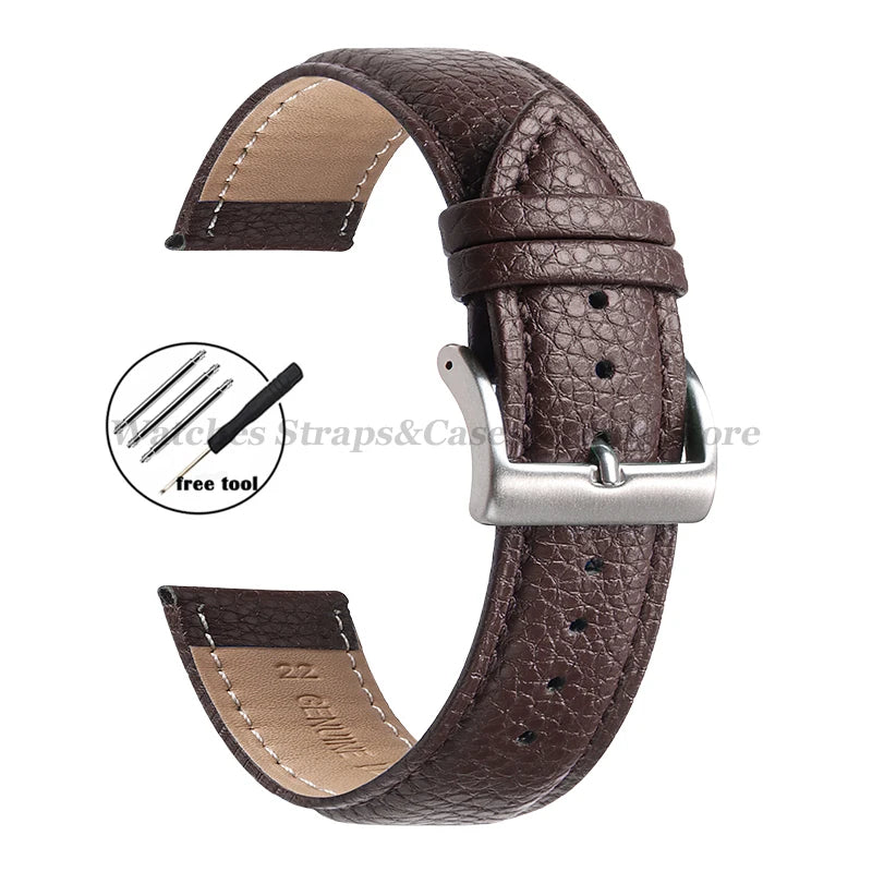Litchi Pattern Genuine Leather Watch Band 18mm 20mm 22mm for Samsung Galaxy Watch 7/6/5/4 40 44mm Men Women Replacement Straps