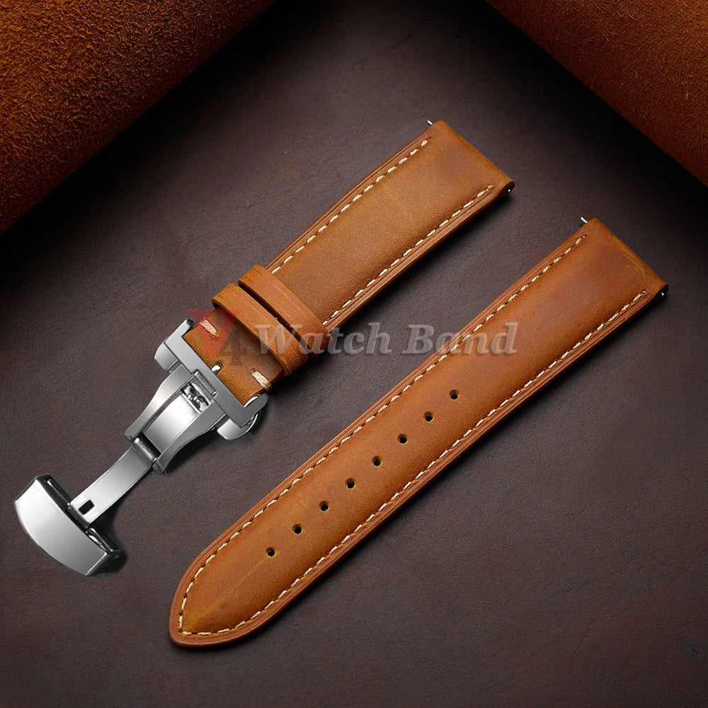 Genuine Calfskin Leather Band for Omega Business Watch Band for Seiko 14/16/18/20/22/24mm Butterfly Buckle Stitching Brown Strap