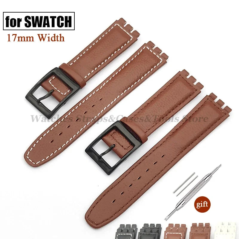 17mm Cowhide Leather Strap for Swatch Lychee Leather Watch Band for Men Women Belt Metal Buckle Replacement Bracelet Accessories