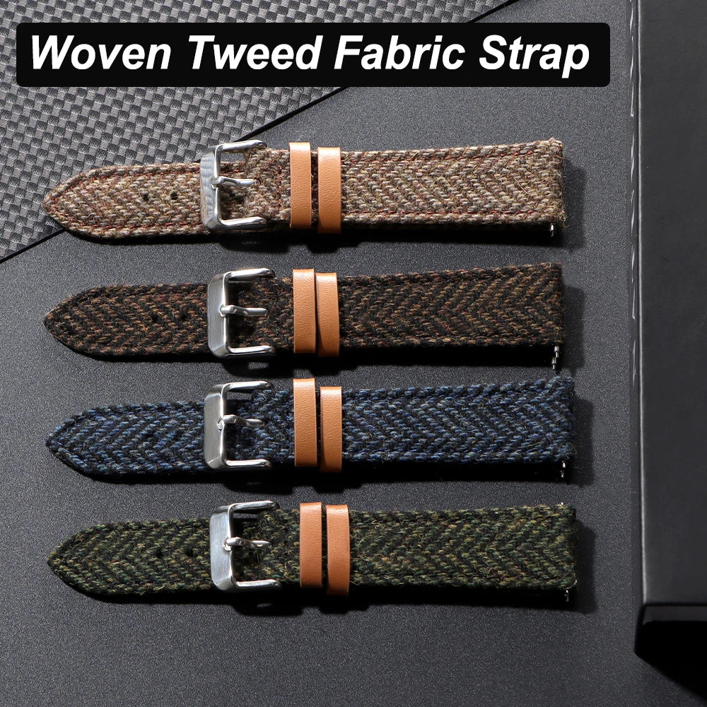 18mm 20mm 22mm Woven Tweed Fabric Strap Two-Sided Nylon Cowhide Watchband Quick Release Band Business Wristband Belt Accessories