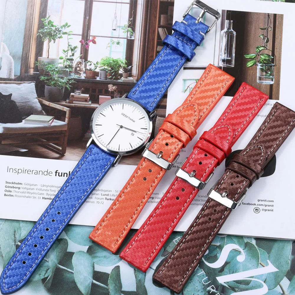 Carbon Fiber Texture Leather Strap for Seiko Cowhide Leather Watchband Soft Men Watch Accessories Wrist Belt 18mm 20mm 22mm 24mm