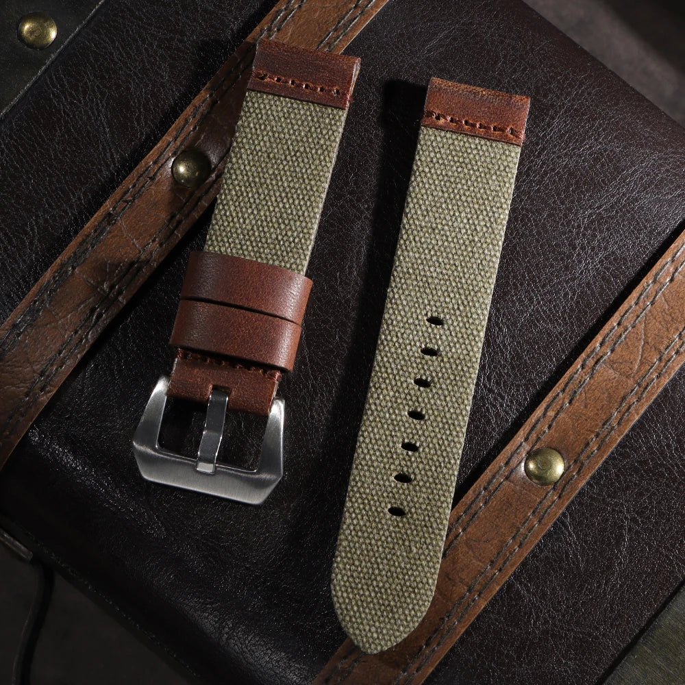 For Panerai for Omega Handmade Canvas Leather Watch Strap 20mm 22mm 24mm Army Green Men Women Watch Bracelet Military Watchband