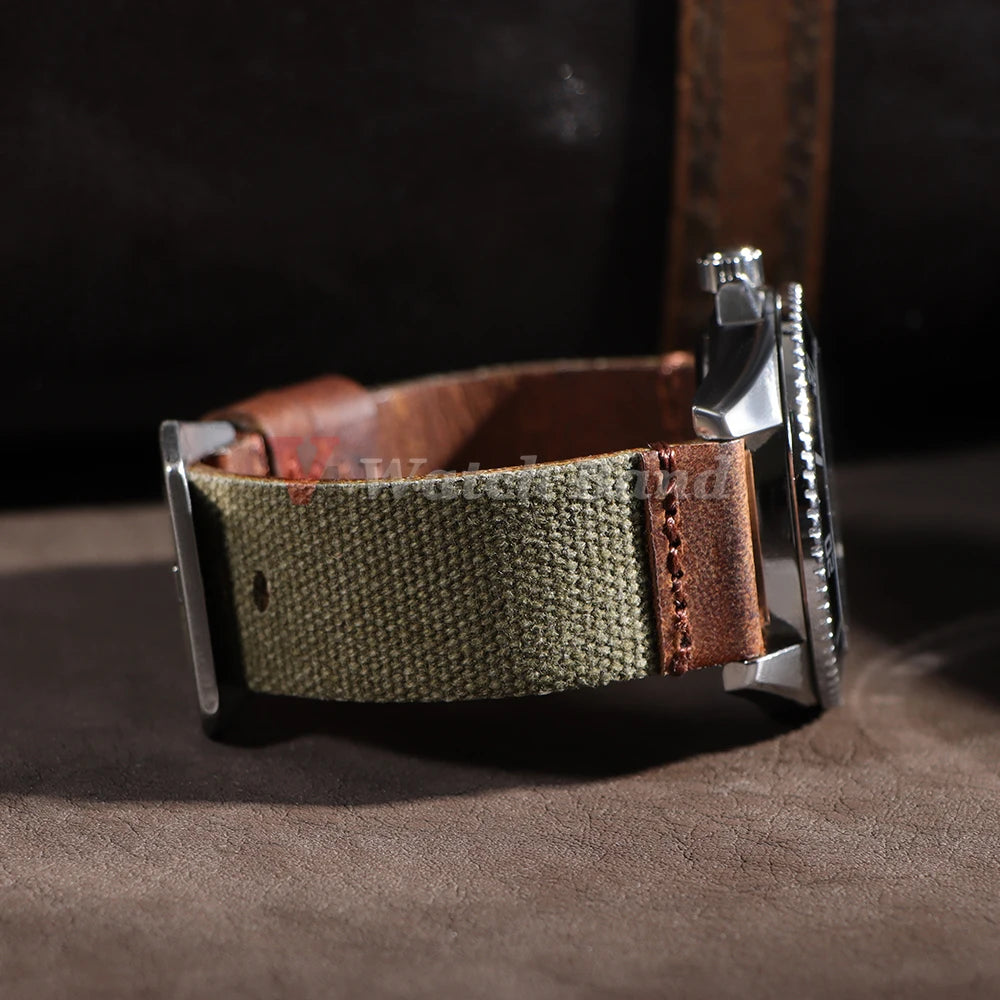 For Panerai for Omega Handmade Canvas Leather Watch Strap 20mm 22mm 24mm Army Green Men Women Watch Bracelet Military Watchband