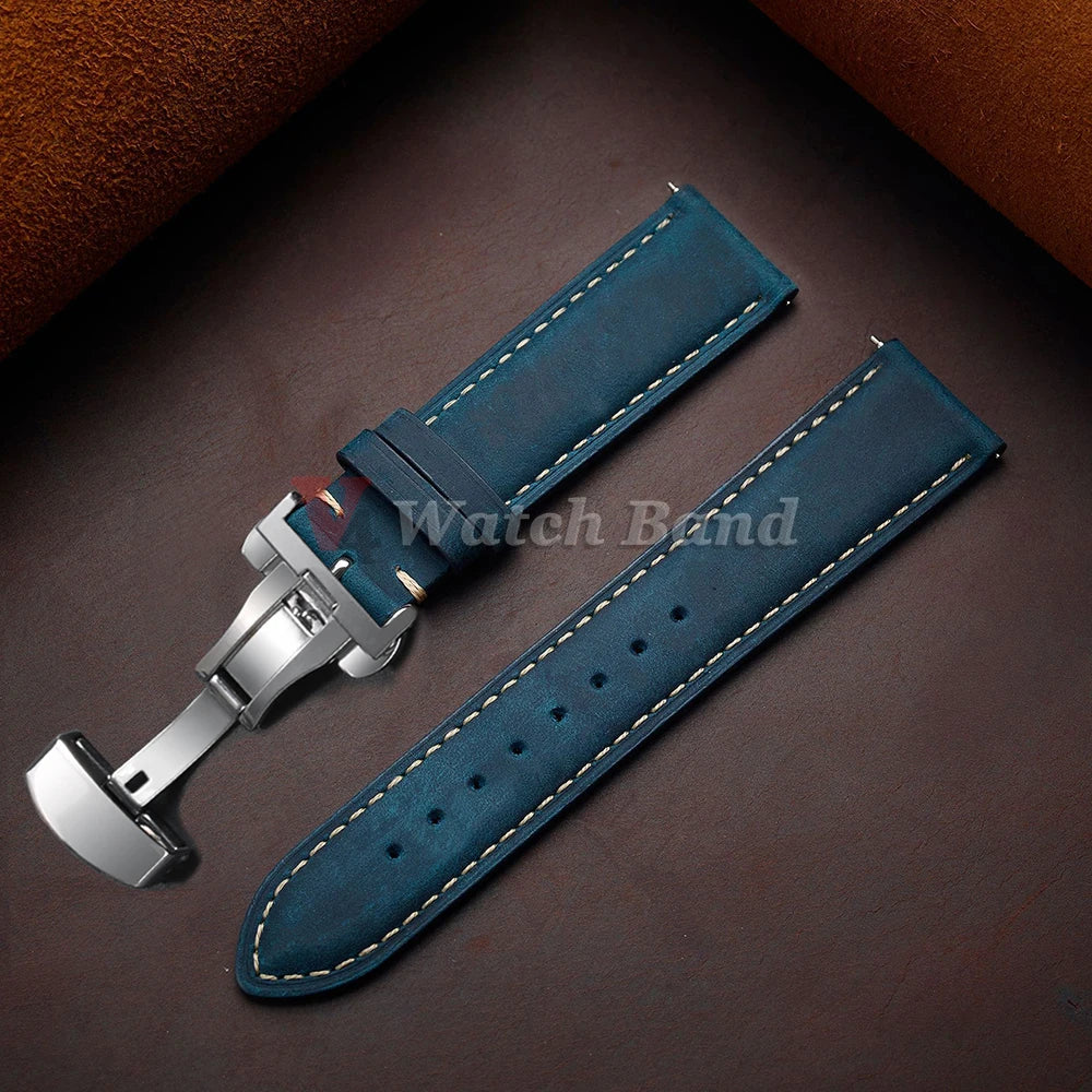 Genuine Calfskin Leather Band for Omega Business Watch Band for Seiko 14/16/18/20/22/24mm Butterfly Buckle Stitching Brown Strap