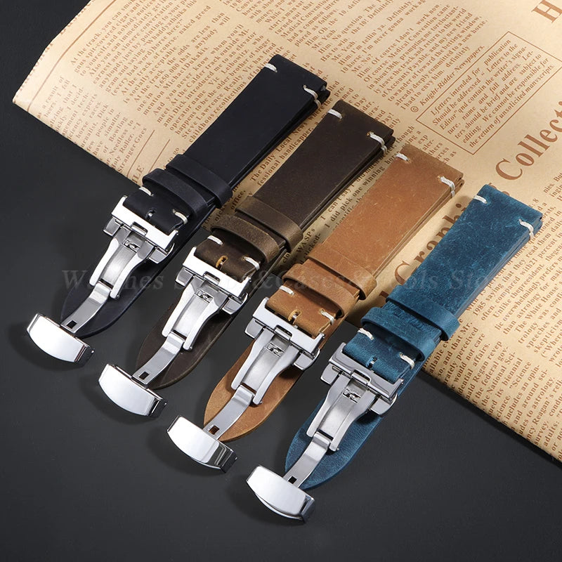 Stitching Cowhide Strap for Omega for Seiko 18/19/20/21/22/24mm Wrist Bracelet Vintage Brown Leather Watch Band Butterfly Buckle