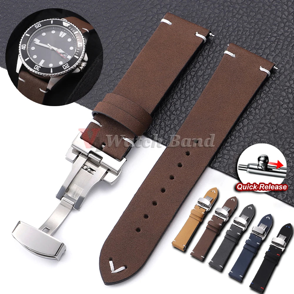 Watch Strap 18mm 20mm 22mm for Samsung Galaxy Watch 7/6/5/4 Butterfly Buckle Watchband Vintage Brown Quick Release Bracelets