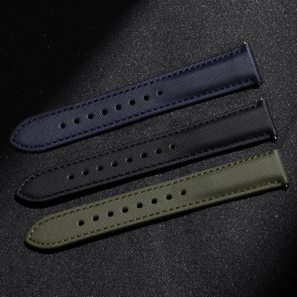 Sailcloth Nylon Leather Watchband for Omega Business Watch Band for Seiko 22mm 20mm Butterfly Buckle Stitching Green Blue Strap