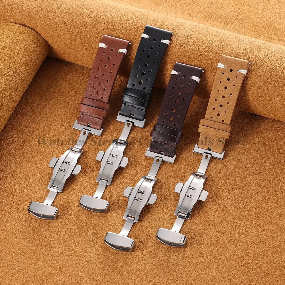 20mm 22mm Genuine Cowhide Leather Watchband Strap for Seiko for Omega Oil Wax Discoloration Butterfly Buckle Business Bracelets