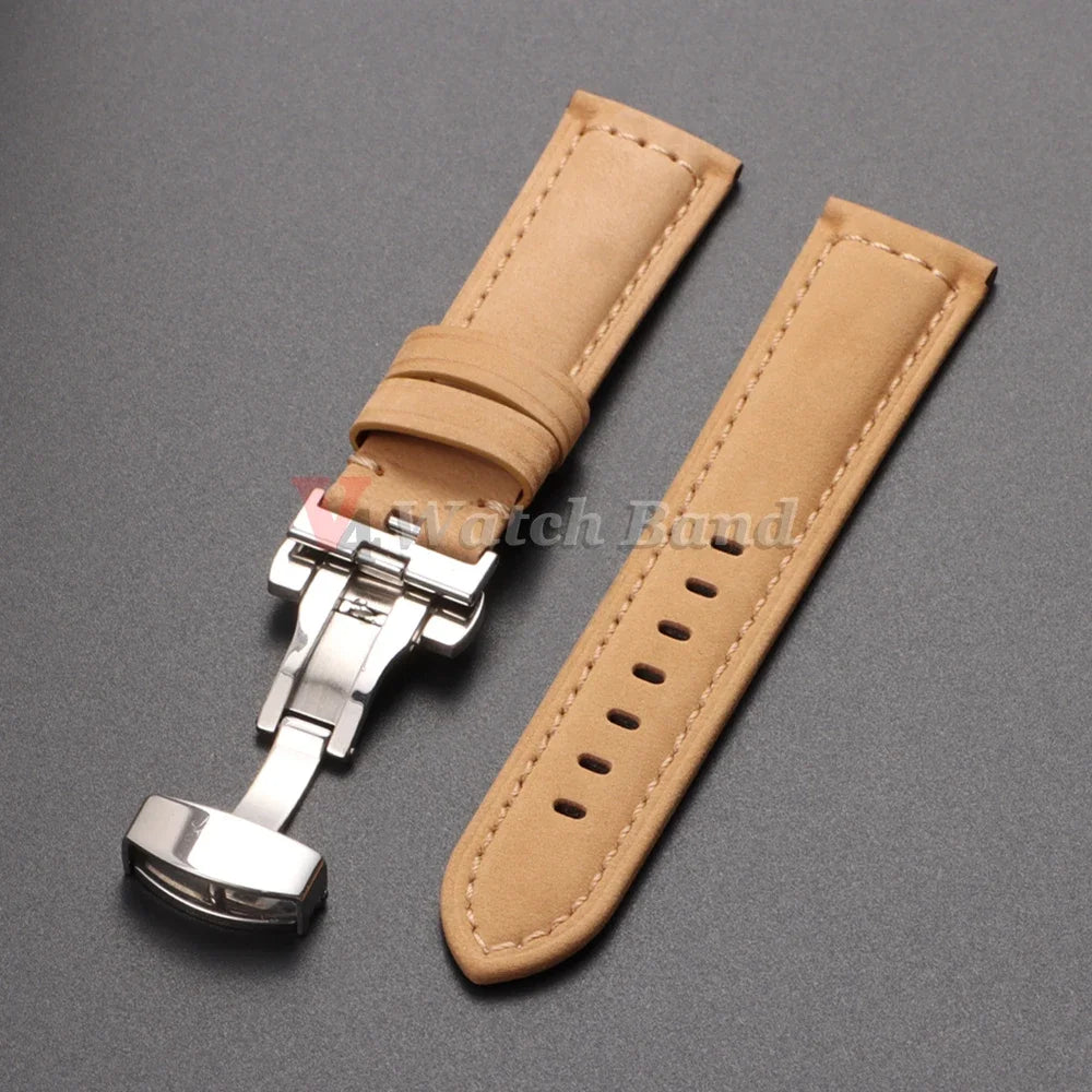 Retro Genuine Calfskin Watchband for Omega Business Watch Band 20mm 22mm 24mm 26mm Butterfly Buckle Stitching Blue Brown Strap