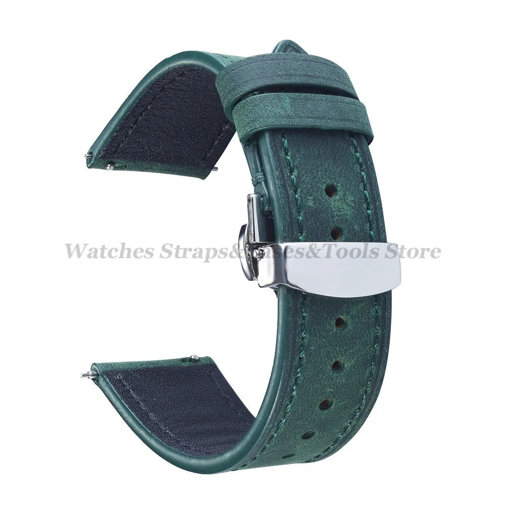 Crazy Horse Cowhide Leather Watch Strap 18mm19mm 20mm 21mm 22mm 24mm Butterfly Buckle Bracelet for Omega Smart Vintage Watchband