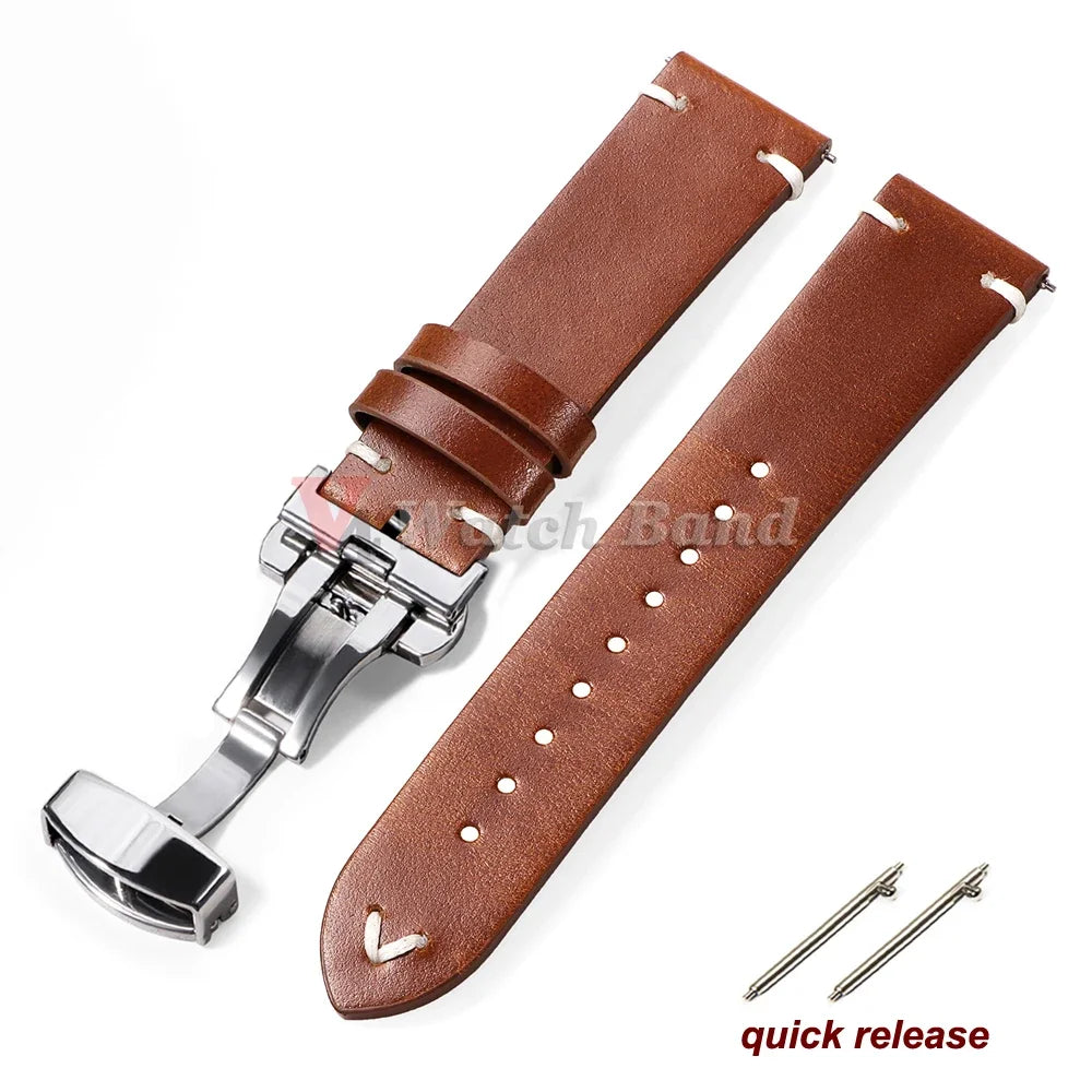 Oil Wax Stitching Cowhide Strap for Omega 18/20/22mm Quick Release Bracelet ForSeiko Vintage Leather Watch Band Butterfly Buckle