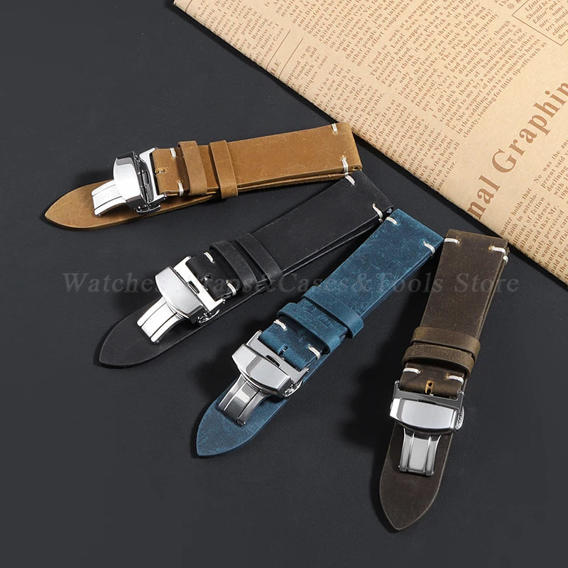 Stitching Cowhide Strap for Omega for Seiko 18/19/20/21/22/24mm Wrist Bracelet Vintage Brown Leather Watch Band Butterfly Buckle