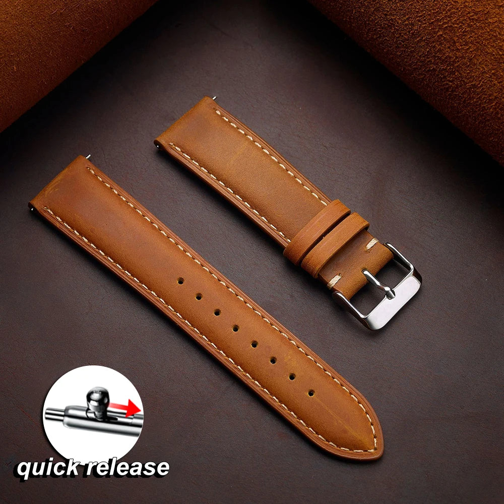 Cowhide Watch Strap 14mm 16mm 18mm 20mm 22mm 24mm Vintage Dark Brown Quick Release Watchband for Samsung Galaxy Watch 8/7/6/5/4