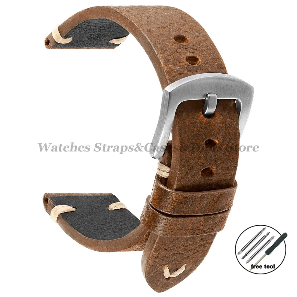 18mm 20mm 22mm Genuine Leather Watchband Old Black Brown Men Women Vintage Handmade Stitching Bracelet for Seiko for Omega Strap