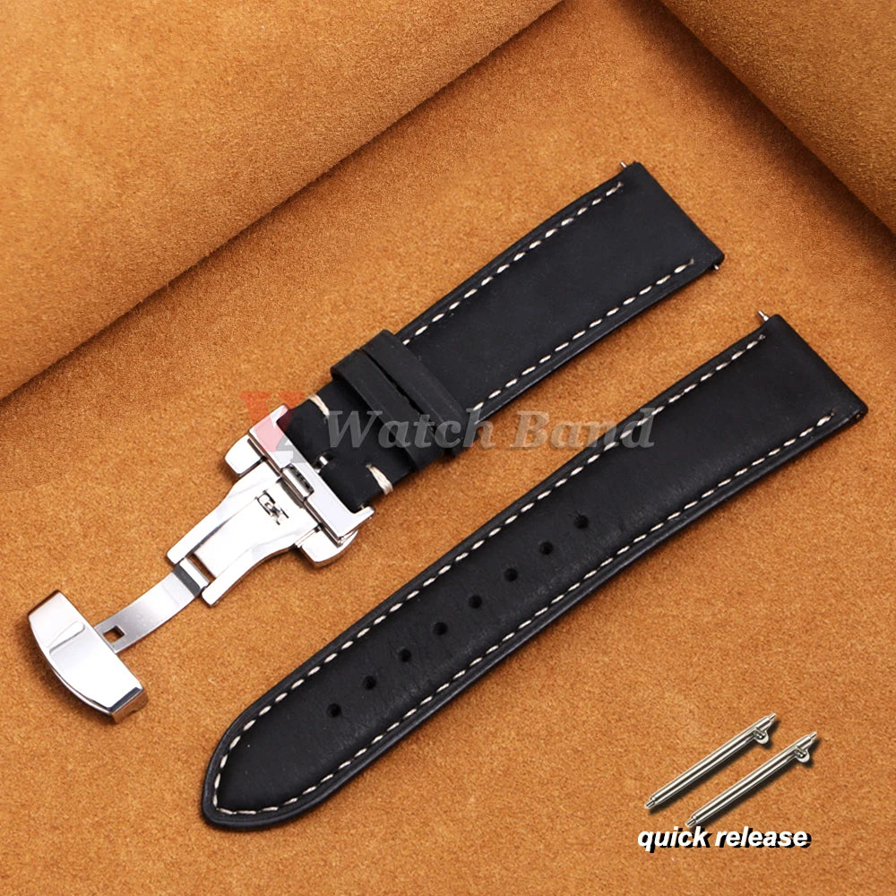 14/16/18/20/22/24mm Business Watch Band for Seiko Genuine Calfskin Leather Watchband for Omega Butterfly Buckle Stitching Strap