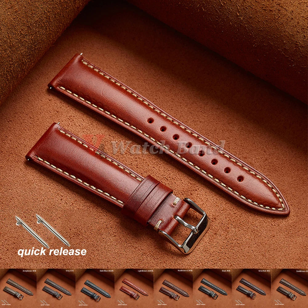 Stitching Oil Wax Cowhide Strap for Samsung Watch 6/5/4/3 Quick Release Soft Bracelet for Seiko Vintage Wristband for Women Men