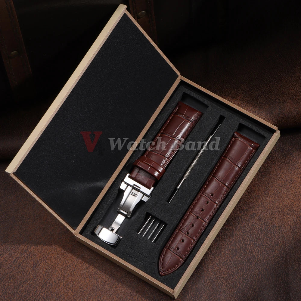 12/13/14/15/16/17/18/19/20/21/22/23/24mm Genuine Leather Strap with Box Bracelet Wristband Band Butterfly Clasp Watch Accessory