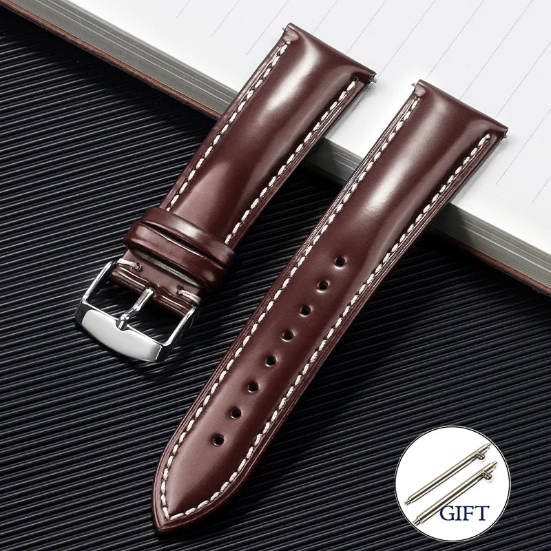 Polished Cowhide Strap for Omega 20mm 22mm Stitching Wrist Bracelet for Seiko Polish Vintage Watch Band for Citizen