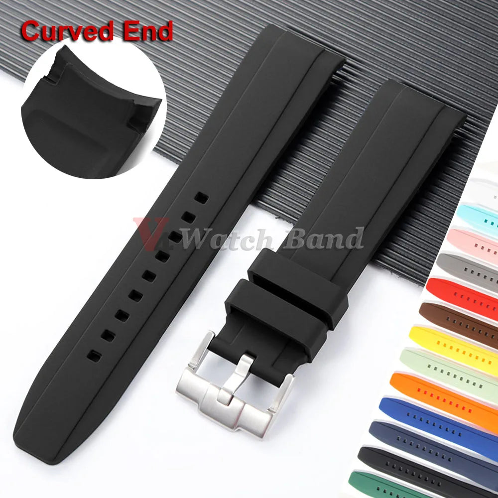 20mm 22mm Curved End Silicone Strap for Rolex for Omega for MoonSwatch Stainless Steel Gold Buckle Rubber Replacement Watch Band
