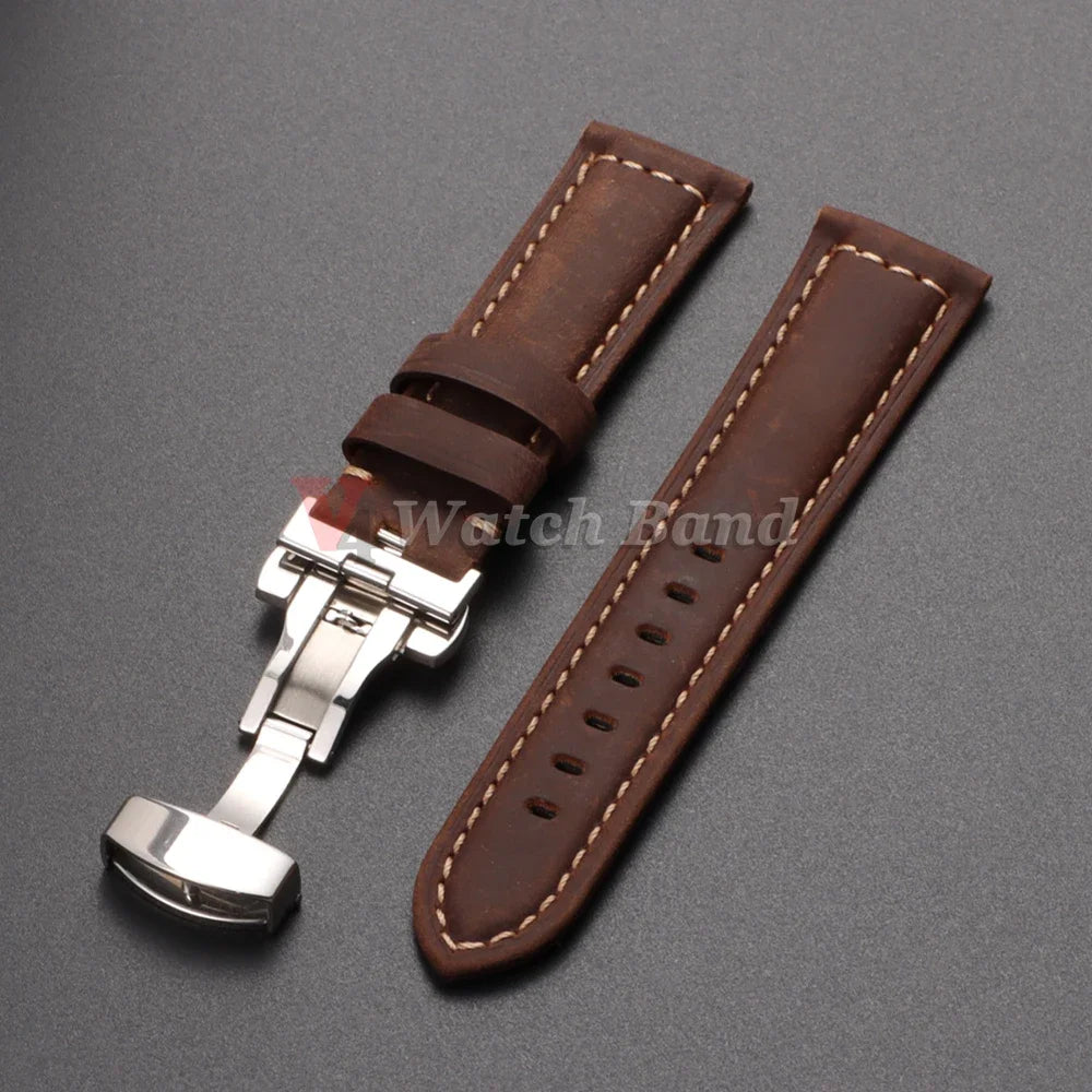 Retro Genuine Calfskin Watchband for Omega Business Watch Band 20mm 22mm 24mm 26mm Butterfly Buckle Stitching Blue Brown Strap