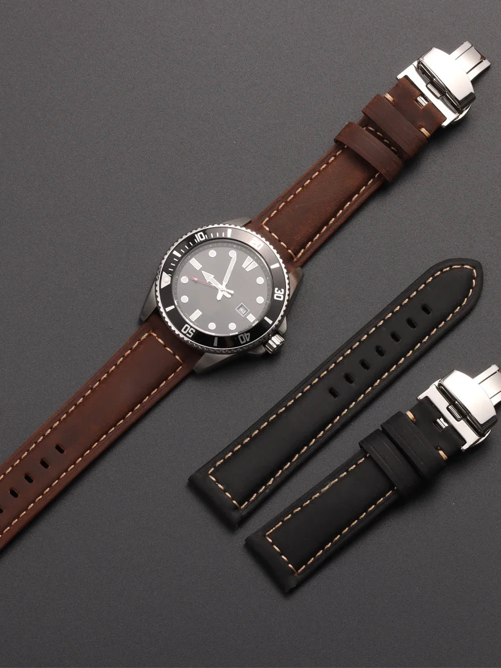 Retro Genuine Calfskin Watchband for Omega Business Watch Band 20mm 22mm 24mm 26mm Butterfly Buckle Stitching Blue Brown Strap