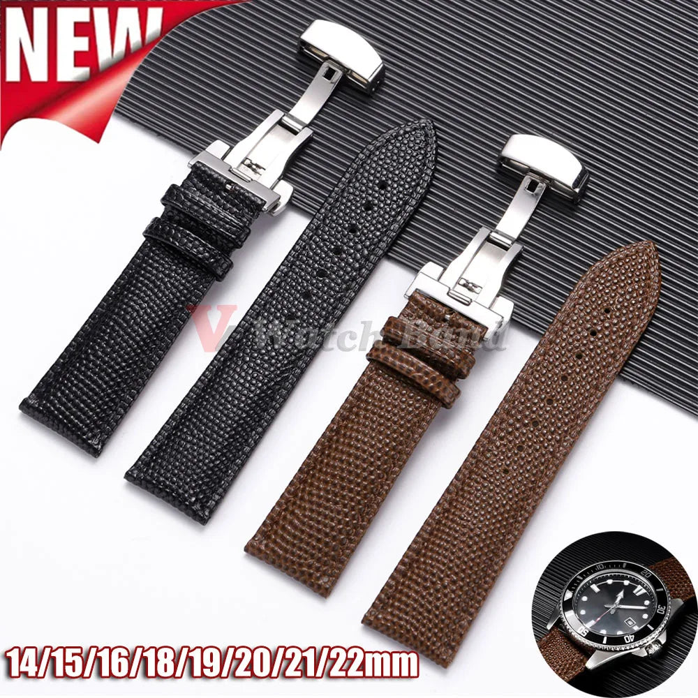 Cowhide Watch Strap 14/15/16/18/19/20/21/22mm Men Bracelet Butterfly Buckle Lizard Pattern Leather Watchband for Seiko for Omega