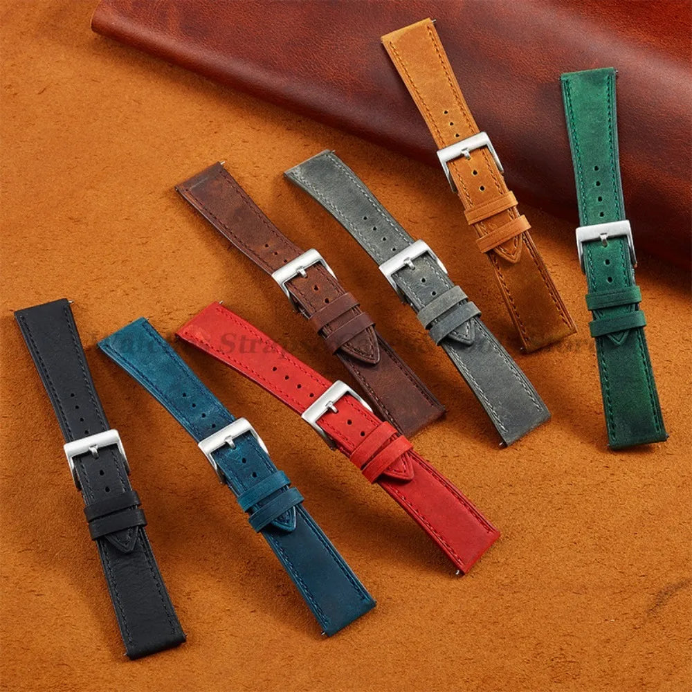 Crazy Horse Cowhide Leather Watch Strap 18mm19mm 20mm 21mm 22mm 24mm Butterfly Buckle Bracelet for Omega Smart Vintage Watchband