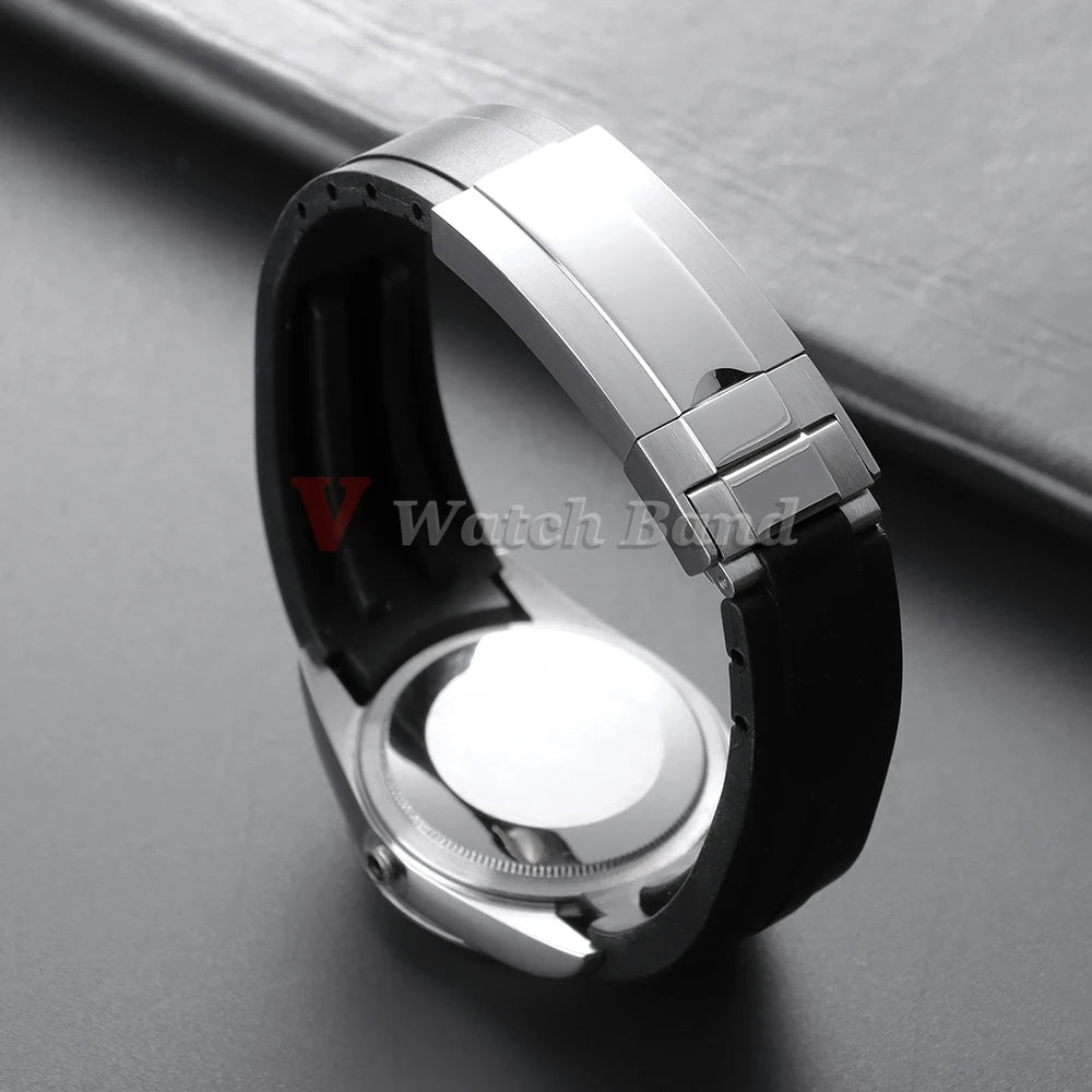 Arc Rubber Watchband 20 21mm 22mm for Rolex Daytona Yacht-Master Ultra Flexible Comfortable Silicone Folding Buckle Curved Strap