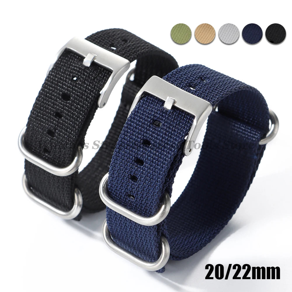20mm 22mm Thicken Ribbed Nylon Watch Band Strap for Seiko for Military Casual Weave Men Women Sport Bracelet Silver Ring Buckle