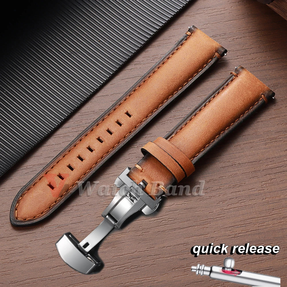 20mm 22mm 24mm Genuine Cowhide Watch Band Butterfly Buckle Vintage Straps Men Women Soft Leather Wrist Bracelet Belt Accessory