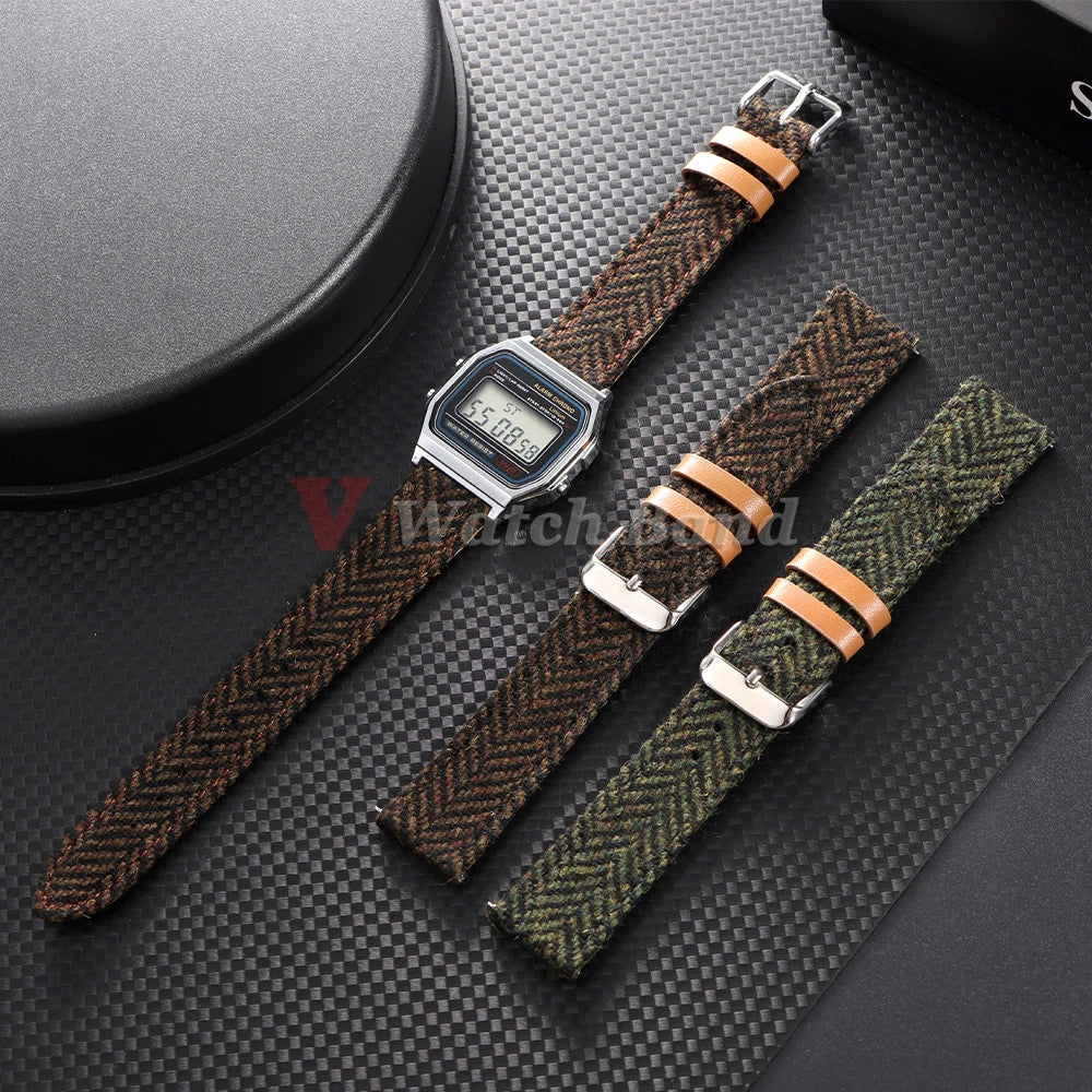 18/20/22mm Genuine Cowhide Nylon Watch Band Quick Release Strap Vintage Woven Tweed Fabric Bracelet Men Women Replace Wristband