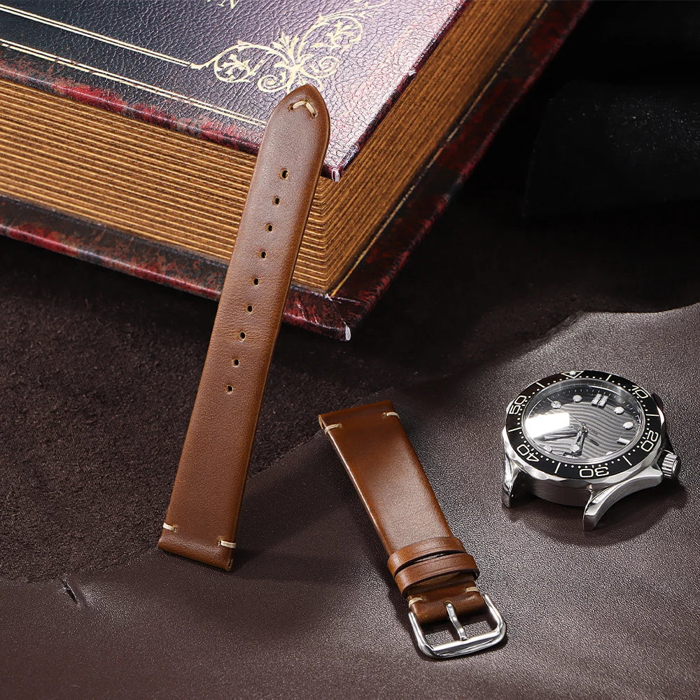 18mm 20mm 22mm Vintage Oil Wax Cowhide Watchband Wristband Stitching Calfskin Strap for Omega Replacement for Seiko Watch Band