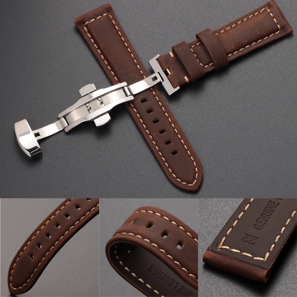 Retro Genuine Calfskin Watchband for Omega Business Watch Band 20mm 22mm 24mm 26mm Butterfly Buckle Stitching Blue Brown Strap