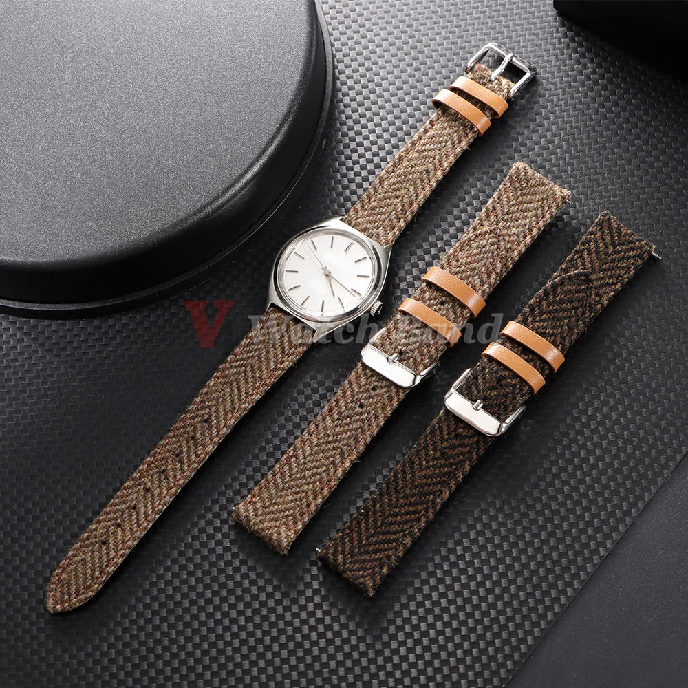 18/20/22mm Genuine Cowhide Nylon Watch Band Quick Release Strap Vintage Woven Tweed Fabric Bracelet Men Women Replace Wristband