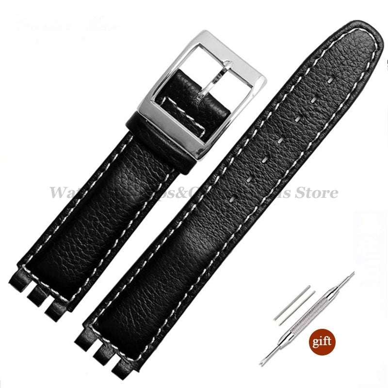 17mm Cowhide Leather Strap for Swatch Lychee Leather Watch Band for Men Women Belt Metal Buckle Replacement Bracelet Accessories