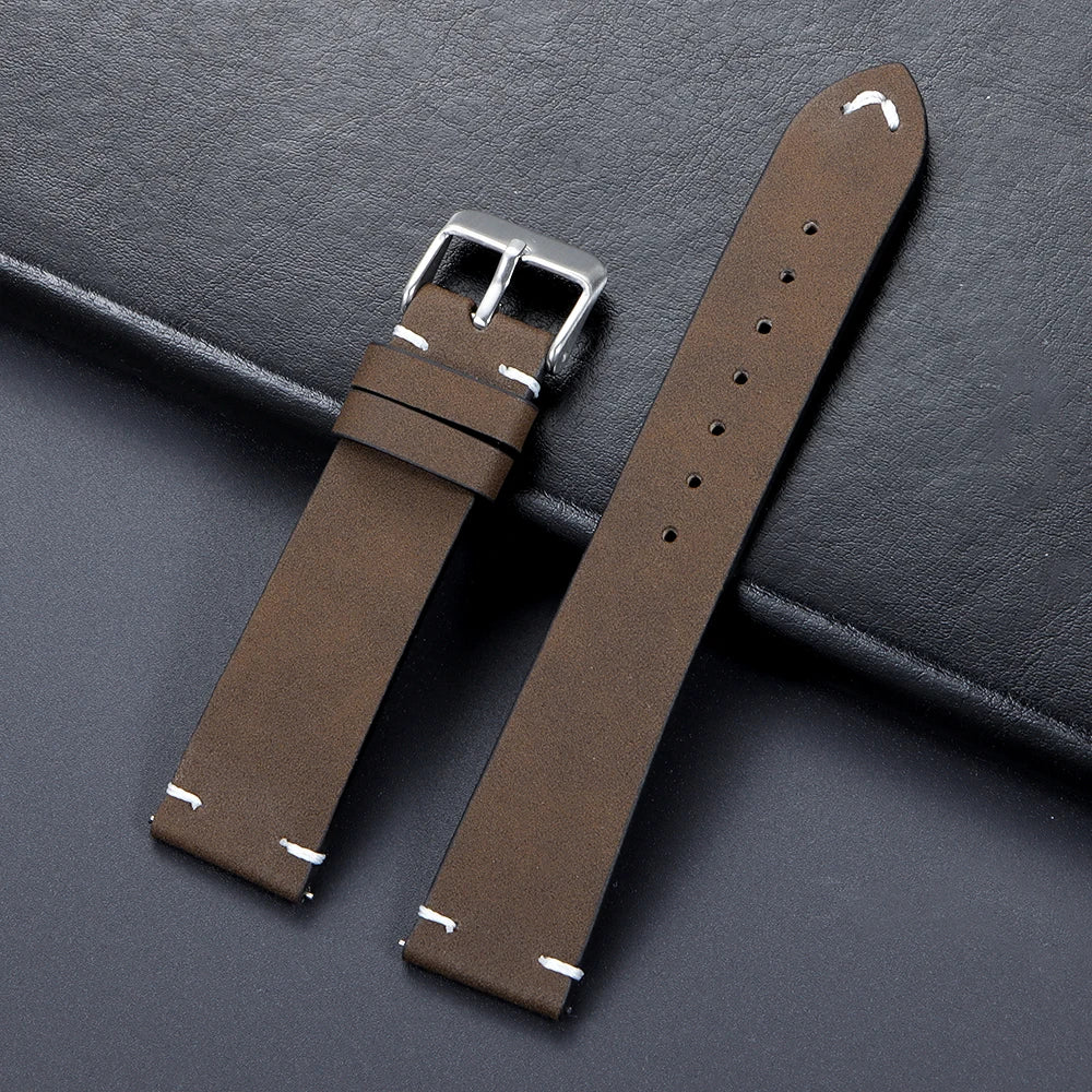 Vintage Matte Leather Watch Band for Seiko 20mm 22mm for Omega Handmade Stitching Cowhide Strap for Huawei Smartwatch Wristband