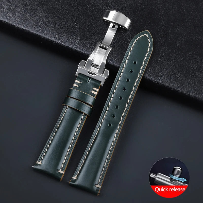 Stitching Cowhide Strap for Omega 20mm 22mm 24mm Yellow Wrist Bracelet for Seiko BlackVintage Leather Watchband Butterfly Buckle