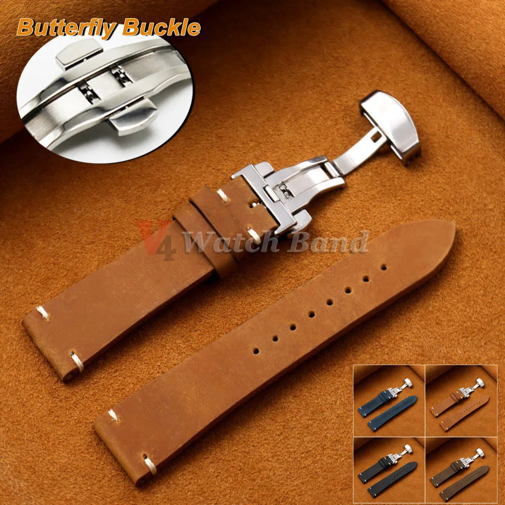 18/19/20/21/22/24mm Stitching Cowhide Strap for Omega for Wrist Bracelet for Seiko Vintage Leather Watch Band Butterfly Buckle