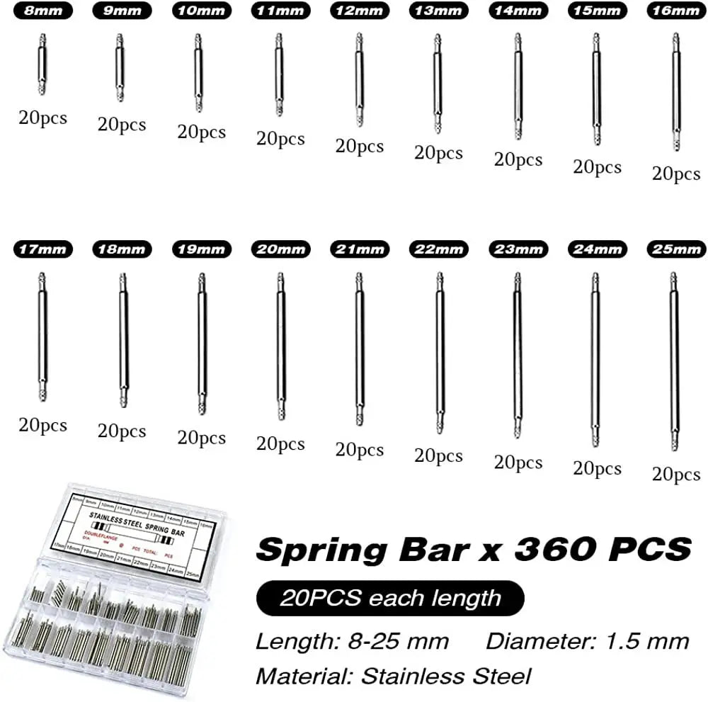 270 360pcs/set Strainless Steel Spring Bars Pins Dia 1.5/1.8mm Length 8mm-25mm/6mm-23mm Watchband Strap Belt Watch Repair Tools