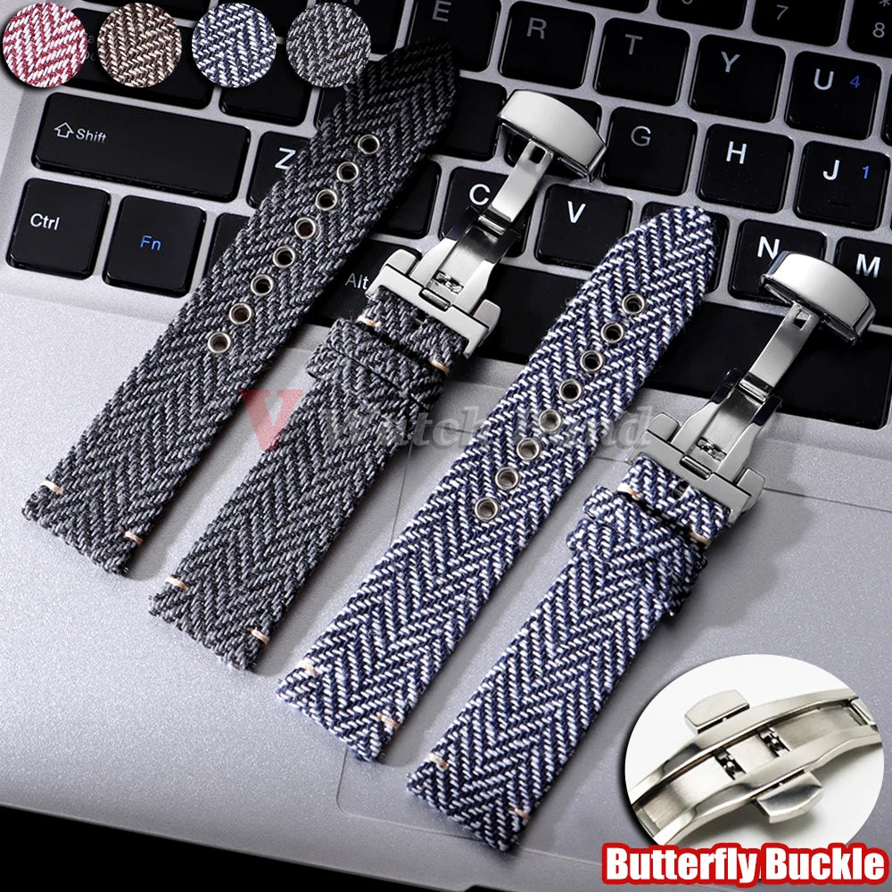 Quick Release Bracelet for Omega for Seiko Watch Band Vintage Genuine Leather Tweed Nylon Strap 18mm 20mm 22mm Butterfly Buckle