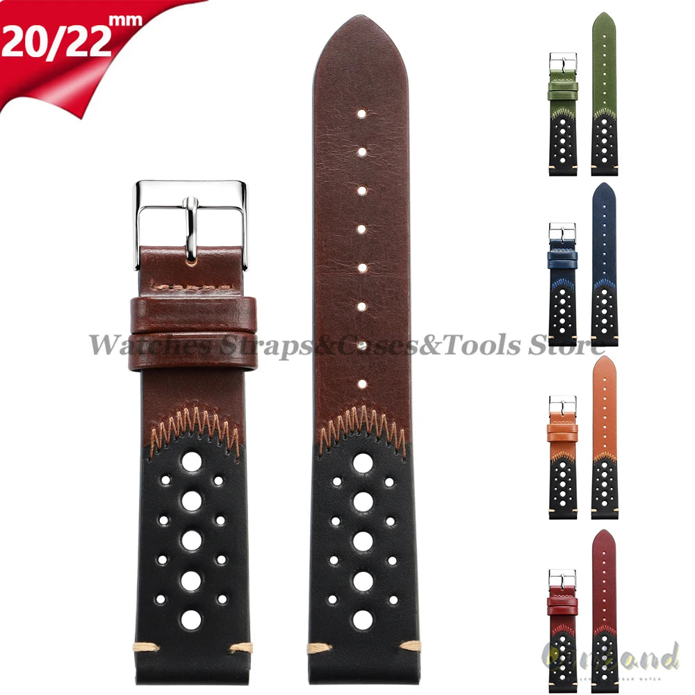 20mm 22mm Vintage Oil Wax Leather Watchband Breathable Porous Wristband Stitching Cowhide Strap for Omega for Seiko Watch Bands