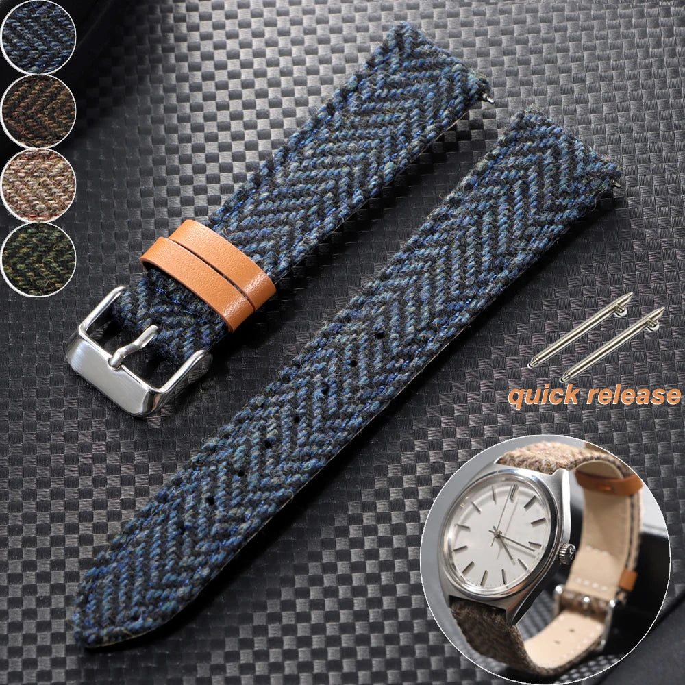 18/20/22mm Genuine Cowhide Nylon Watch Band Quick Release Strap Vintage Woven Tweed Fabric Bracelet Men Women Replace Wristband