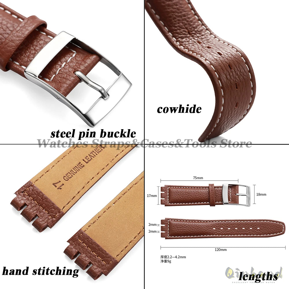 Cowhide Leather Watch Strap for Swatch Series 17mm Bracelet Men Women Waterproof Sport Replacement Watchband Belt Accessories