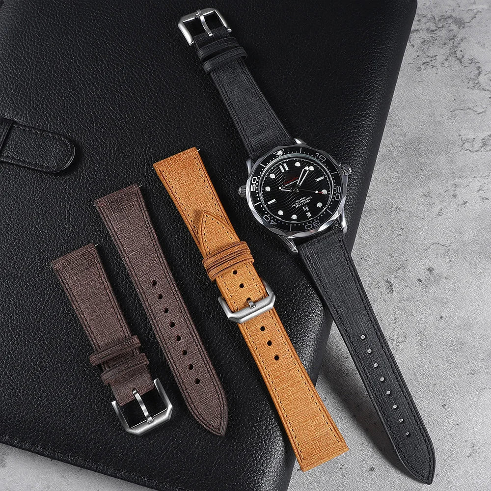 20mm 22mm Italian Leather Watch Strap Premium Handcrafted Linen Texture Tanned Babele Watchband Quick Release Retro Wristband