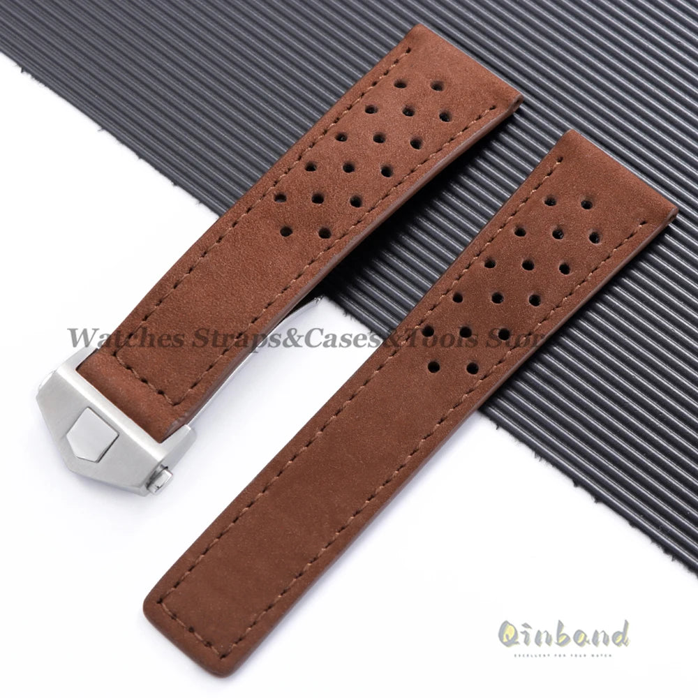 20mm 22mm 24mm Soft Genuine Cow Leather Watchband for Tag Heuer for Carrera Monaco Series Frosted Fold Buckle Men Women Straps