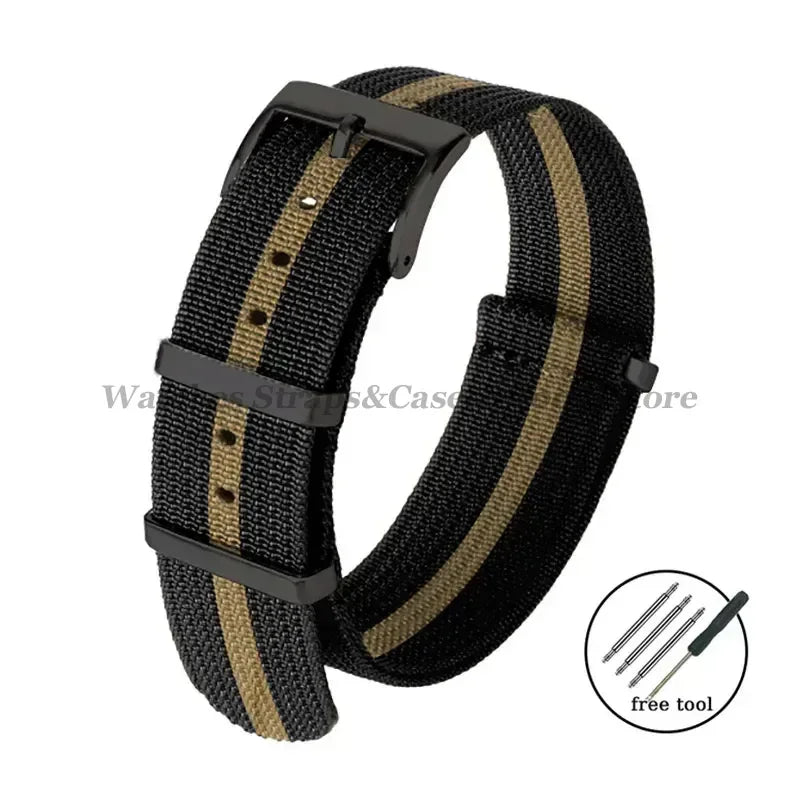New Ribbed Nylon Strap 20mm 22mm for Seiko Military Fabric Braid Ballistic Watchband for Samsung Galxy Watch3/4/5/6 Black Buckle