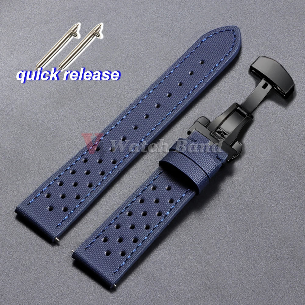 Quality Sailcloth Oxford Leather Watch Strap for Seiko for Omega 18mm 20mm 22mm Qucik Release Fabric WatchBands Butterfly Buckle
